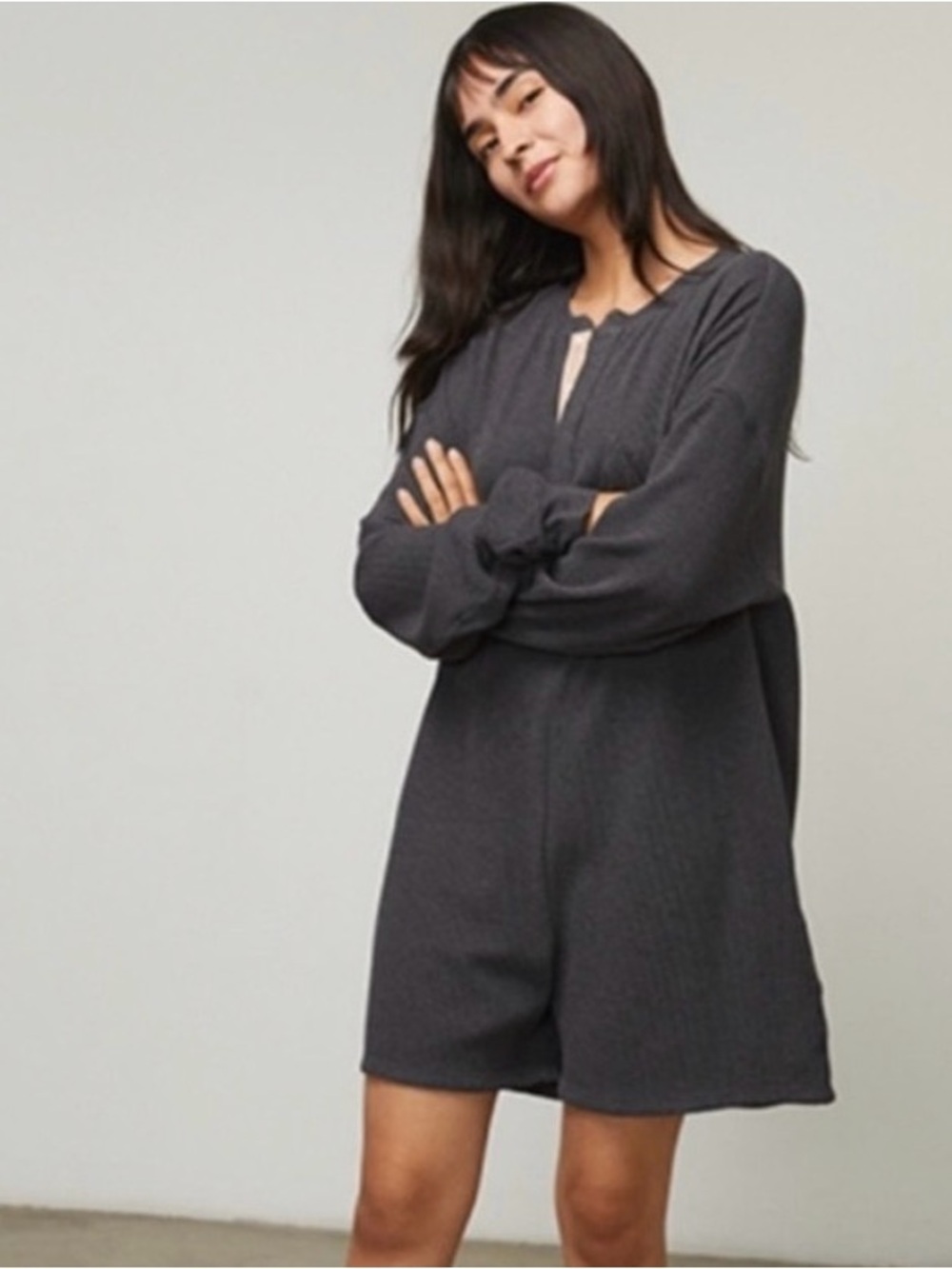 Lunya Thermal restore Waffle Pima Cotton Long Sleeve  Shorts Henley Romper sz M